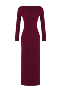 TRENDYOLMİLLA Burgundy Plain Shirring Detailed Asymmetric Skirt End Detailed Boat Neck Flexible Midi Knitting Dress - Image 5