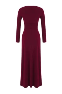 TRENDYOLMİLLA Burgundy Plain Shirring Detailed Asymmetric Skirt End Detailed Boat Neck Flexible Midi Knitting Dress - Image 6
