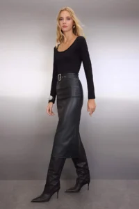 TRENDYOLMİLLA Black Plain Arched bodycone/Fitting Midi Faux Leather Knitting Dress - Image 2