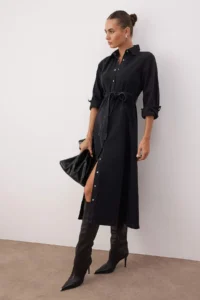 TRENDYOLMİLLA Black Belt Detailed Maxi DENIM Dress - Image 2