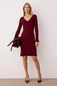 TRENDYOLMİLLA Burgundy V-neck Plain Short / Mini V-neck bodycone Knit Dress