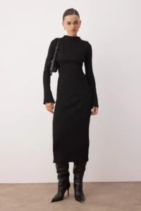 TRENDYOLMİLLA Black bodycone Midi High Neck A-line Knitwear LONG Dress