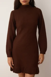 TRENDYOLMİLLA Brown Plain Short / Mini Frilly High Neck Knit Dress - Image 3