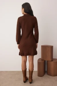 TRENDYOLMİLLA Brown Plain Short / Mini Frilly High Neck Knit Dress - Image 4