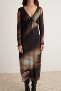TRENDYOLMİLLA Multicolored Plaid Printed Binding Detailed Maxi Knitting Dress - Image 3