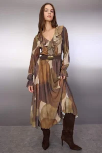 TRENDYOLMİLLA Multicolored Printed Foam Ruffle Detailed Maxi Flexible Knitting Dress