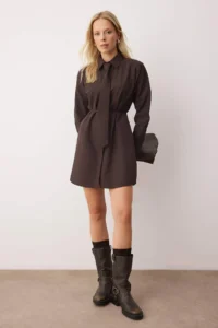 TRENDYOLMİLLA Brown Tie Short / Mini Weaving Shirt Dress