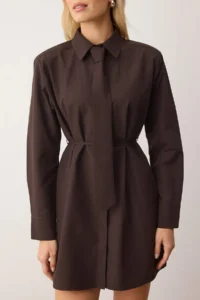 TRENDYOLMİLLA Brown Tie Short / Mini Weaving Shirt Dress - Image 3