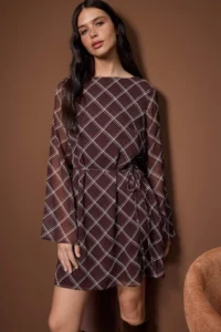 TRENDYOLMİLLA Brown Plaid/Checkered A-Cut/Life Form Short / Mini Weaving Siphon Dress - Image 2