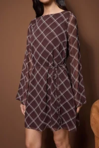 TRENDYOLMİLLA Brown Plaid/Checkered A-Cut/Life Form Short / Mini Weaving Siphon Dress - Image 3