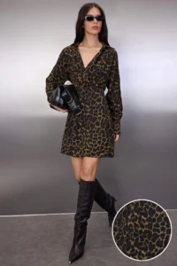 TRENDYOLMİLLA Brown Leopard Patterned skater/Belden Flared Short / Mini Weaving Satin Dress