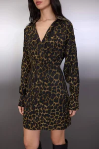 TRENDYOLMİLLA Brown Leopard Patterned skater/Belden Flared Short / Mini Weaving Satin Dress - Image 3