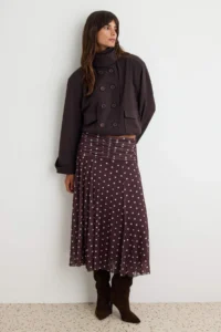 TRENDYOLMİLLA Brown Midi Ruffle/Drape Detailed Boho/Boho Chic Printed Tulle Flexible Knitting Skirt