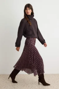 TRENDYOLMİLLA Brown Midi Ruffle/Drape Detailed Boho/Boho Chic Printed Tulle Flexible Knitting Skirt - Image 2