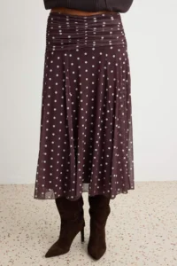 TRENDYOLMİLLA Brown Midi Ruffle/Drape Detailed Boho/Boho Chic Printed Tulle Flexible Knitting Skirt - Image 3