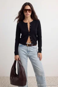 TRENDYOLMİLLA Wardrobe Essentials Black Button Detailed Cotton Basic Knitwear Cardigan | - Image 2