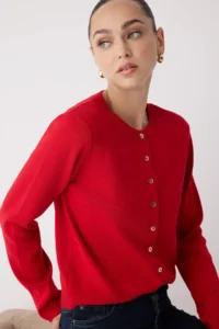 TRENDYOLMİLLA Wardrobe Essentials Red Button Detailed Cotton Basic Knitwear Cardigan | - Image 2