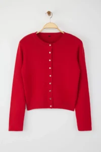 TRENDYOLMİLLA Wardrobe Essentials Red Button Detailed Cotton Basic Knitwear Cardigan | - Image 5
