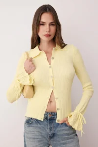 TRENDYOLMİLLA Yellow Mercerized Look Ribbed Polo Shirt Collar Knitwear Cardigan