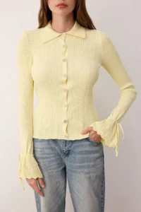 TRENDYOLMİLLA Yellow Mercerized Look Ribbed Polo Shirt Collar Knitwear Cardigan - Image 3
