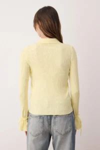 TRENDYOLMİLLA Yellow Mercerized Look Ribbed Polo Shirt Collar Knitwear Cardigan - Image 4