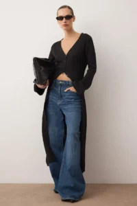 TRENDYOLMİLLA Black Soft textured V-neck Cardigan/Dress Dual Use Knitwear Cardigan - Image 2