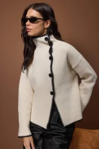 TRENDYOLMİLLA Ecru Soft textured High Neck Color Blocked Knitwear Cardigan - Image 2
