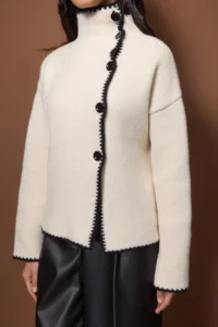 TRENDYOLMİLLA Ecru Soft textured High Neck Color Blocked Knitwear Cardigan - Image 3