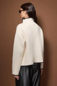 TRENDYOLMİLLA Ecru Soft textured High Neck Color Blocked Knitwear Cardigan - Image 4