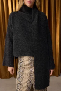 TRENDYOLMİLLA Special Collection Anthracite Wool Blended Beard Yarn Shawl Collar Detailed Knitwear Sweater - Image 3