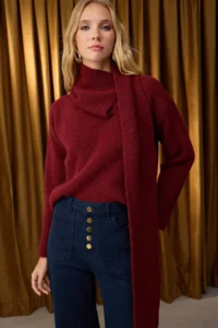 TRENDYOLMİLLA Special Collection Burgundy Wool Blended Beard Yarn Shawl Collar Detailed Knitwear Sweater