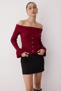 TRENDYOLMİLLA Burgundy Fitted Carmen Collar Ribbed Knitwear Sweater