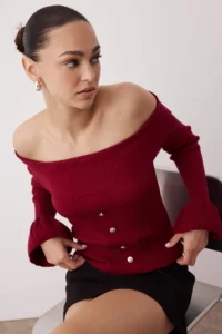 TRENDYOLMİLLA Burgundy Fitted Carmen Collar Ribbed Knitwear Sweater - Image 2