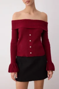 TRENDYOLMİLLA Burgundy Fitted Carmen Collar Ribbed Knitwear Sweater - Image 3