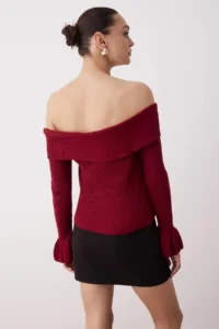 TRENDYOLMİLLA Burgundy Fitted Carmen Collar Ribbed Knitwear Sweater - Image 4
