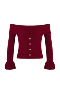 TRENDYOLMİLLA Burgundy Fitted Carmen Collar Ribbed Knitwear Sweater - Image 5