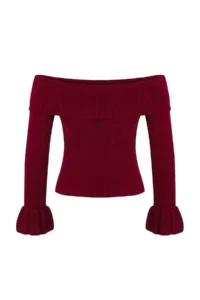 TRENDYOLMİLLA Burgundy Fitted Carmen Collar Ribbed Knitwear Sweater - Image 6