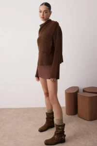 TRENDYOLMİLLA Brown 2 Sets Soft textured Wide Pattern Knitwear Sweater-Poncho Set - Image 2