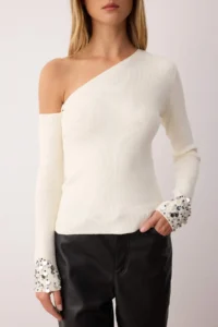 TRENDYOLMİLLA Ecru Premium Thread/Special Thread Asymmetric Collar Sleeve Tip sequined Knitwear Sweater - Image 3
