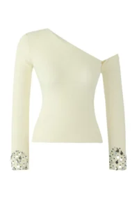 TRENDYOLMİLLA Ecru Premium Thread/Special Thread Asymmetric Collar Sleeve Tip sequined Knitwear Sweater - Image 5