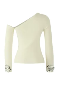 TRENDYOLMİLLA Ecru Premium Thread/Special Thread Asymmetric Collar Sleeve Tip sequined Knitwear Sweater - Image 7