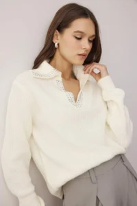 TRENDYOLMİLLA Ecru Soft textured Rocky Collar Detailed Knitwear Sweater - Image 2