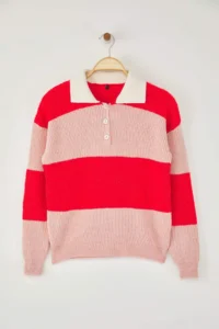 TRENDYOLMİLLA Red Soft textured Polo Shirt Collar Knitwear Sweater - Image 5