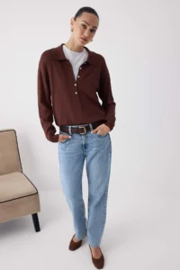 TRENDYOLMİLLA Wardrobe Essentials Brown Mercerized Look Polo Shirt Collar Knitwear Sweater| - Image 2