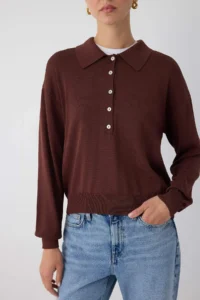 TRENDYOLMİLLA Wardrobe Essentials Brown Mercerized Look Polo Shirt Collar Knitwear Sweater| - Image 3