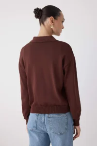 TRENDYOLMİLLA Wardrobe Essentials Brown Mercerized Look Polo Shirt Collar Knitwear Sweater| - Image 4