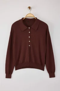 TRENDYOLMİLLA Wardrobe Essentials Brown Mercerized Look Polo Shirt Collar Knitwear Sweater| - Image 5