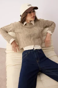 TRENDYOLMİLLA Teen Mink Shirt Garnili Detailed Crop Knitwear Sweater