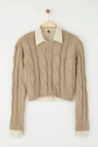 TRENDYOLMİLLA Teen Mink Shirt Garnili Detailed Crop Knitwear Sweater - Image 5