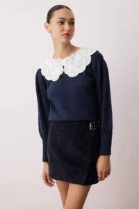 TRENDYOLMİLLA NAVY BLUE Soft textured Shirt Collar Garnished Knitwear Sweater - Image 2
